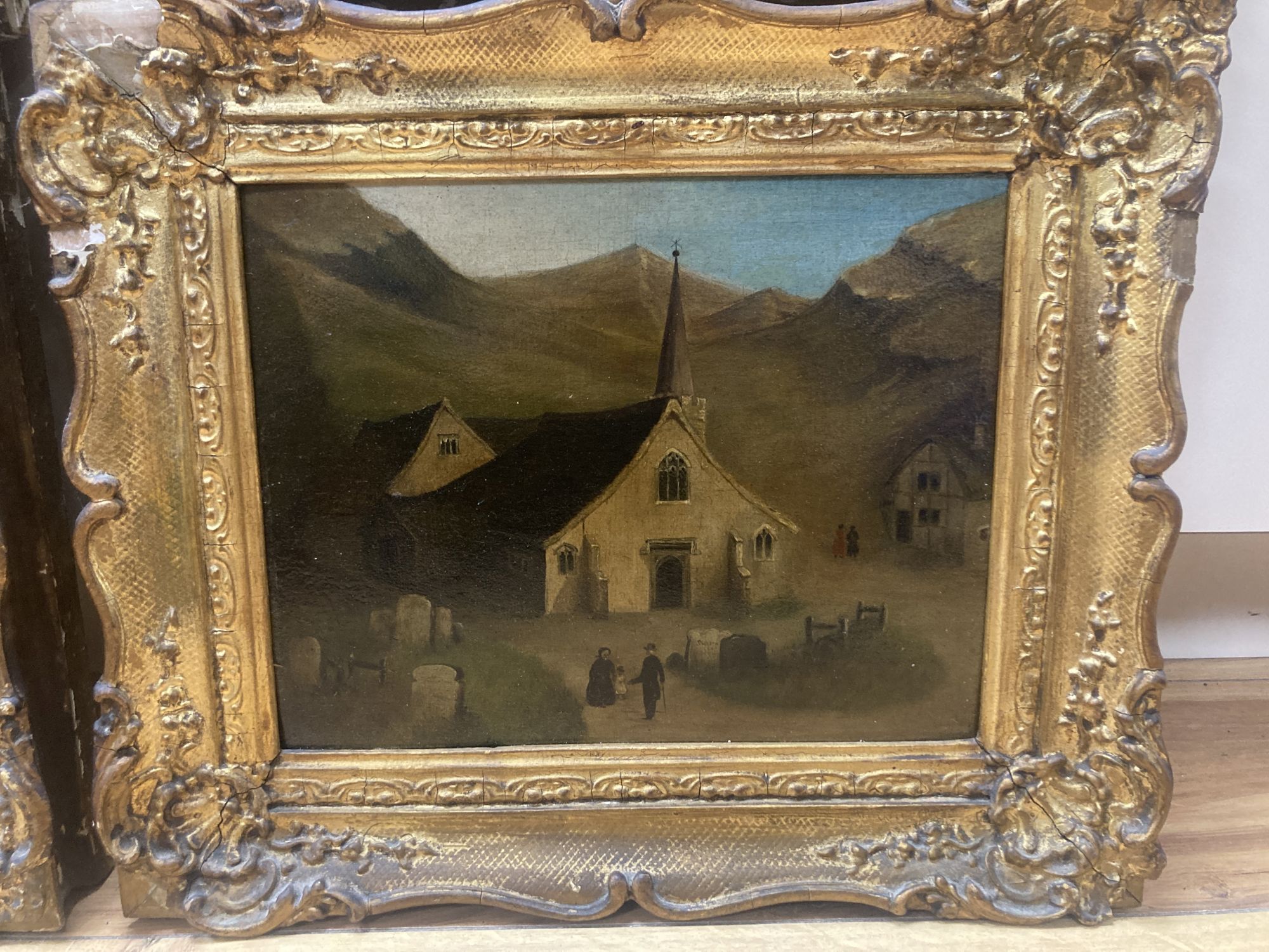 19th century Welsh School, set of 4 oils on panel, Primitive landscapes with figures beside a church, tavern and timber beamed houses,